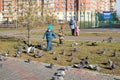 Kids run down the street to a flock of pigeons in a residential area of Ã¢â¬â¹Ã¢â¬â¹Krasnoyarsk on a sunny autumn day